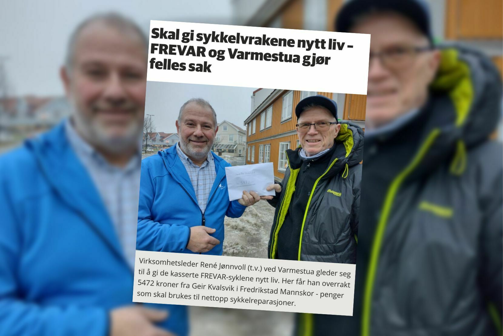 Skjermbilde fra avisa hvor det står "Skal gi sykkelvrakene nytt liv - FREVAR og Varmestua gjør felles sak".