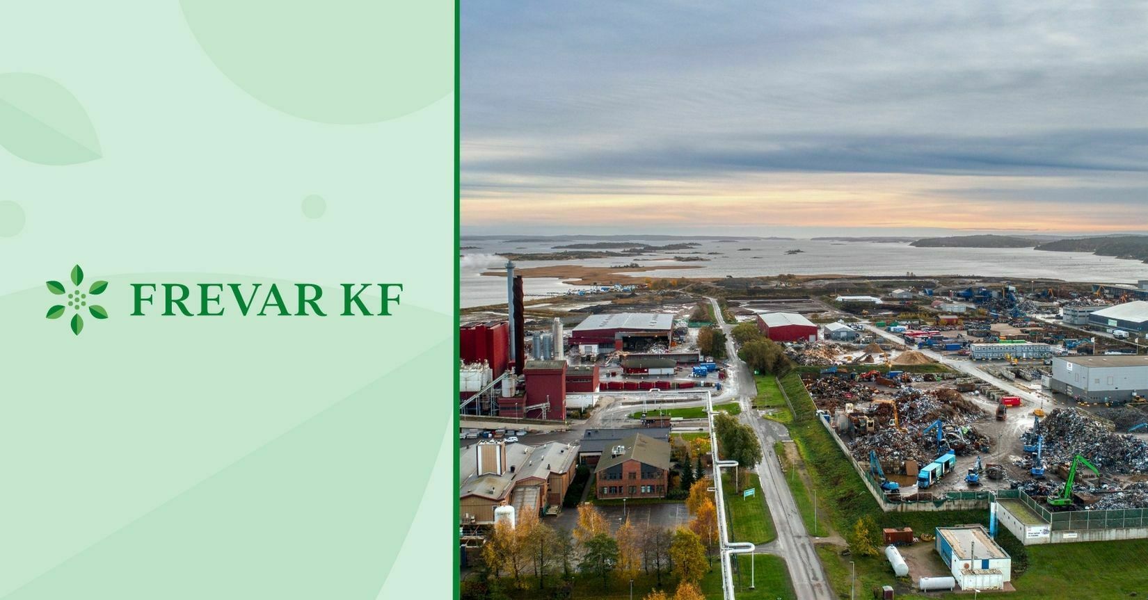 Lysegrønn bladbakgrunn med mørkegrønn FREVAR-logo på venstreside og dronebilde av FREVAR-området på høyresiden.