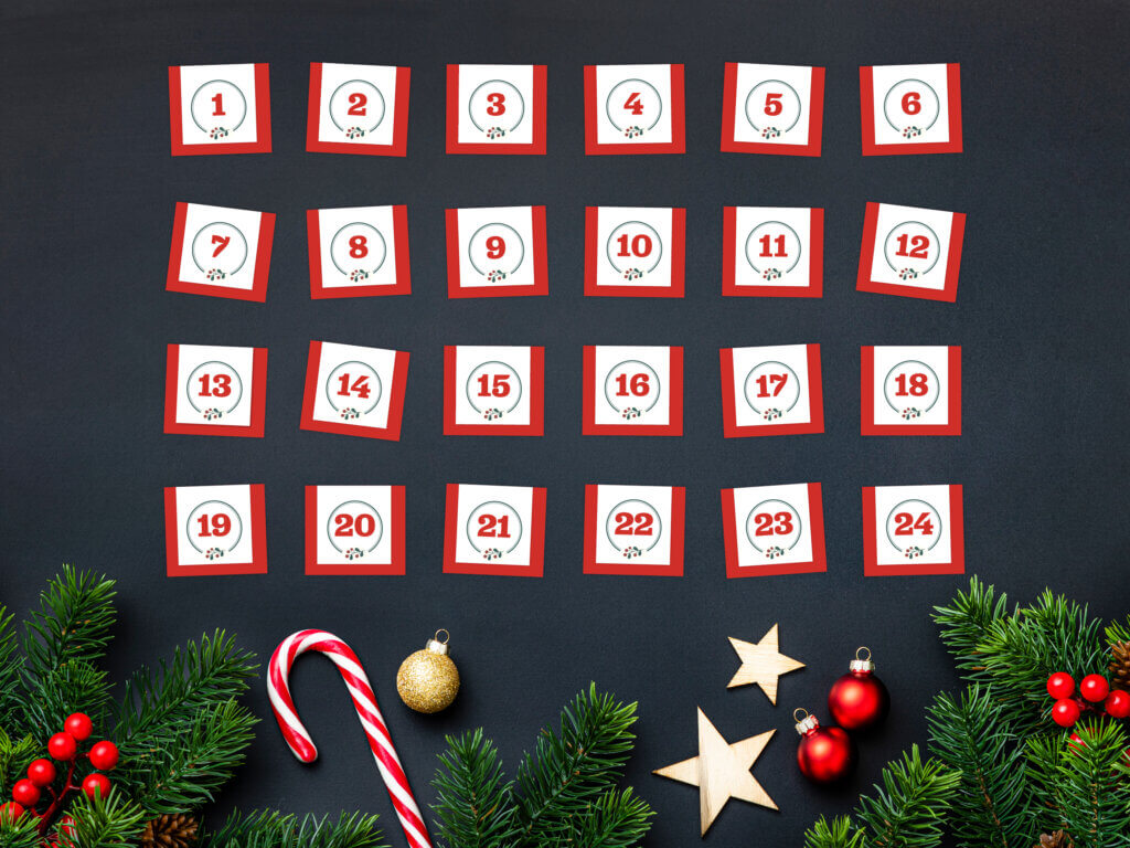 Julekalender med tall fra 1 til 24 på en julete bakgrunn.