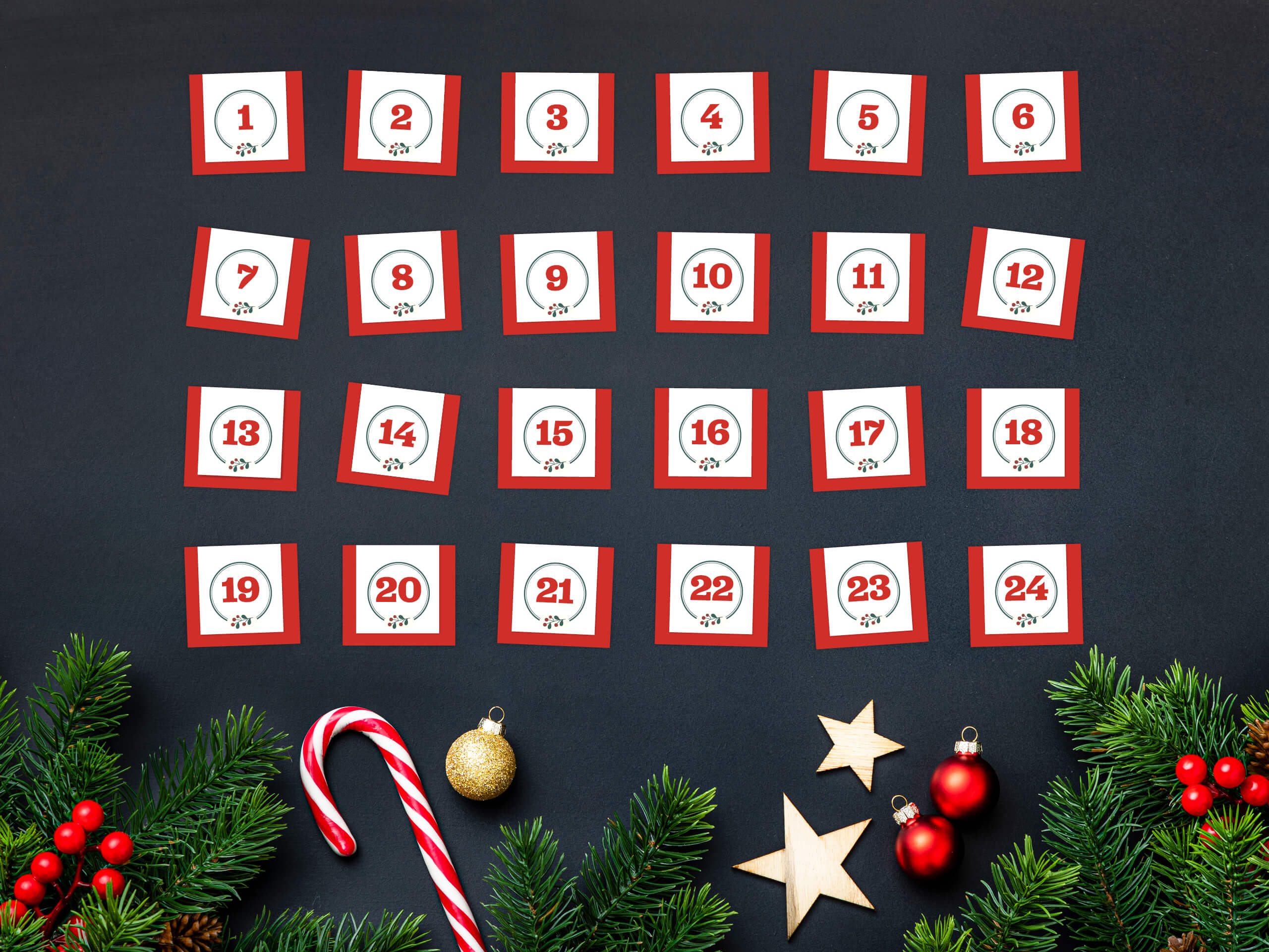Julekalender med tall fra 1 til 24 på en julete bakgrunn.