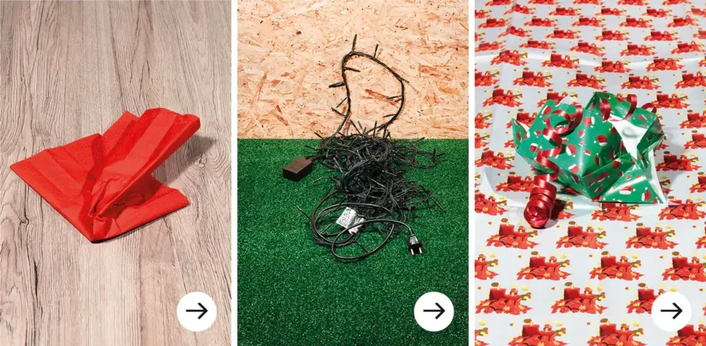 Tredelt bilde med en serviett, julelys og gavepapir.