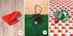 Tredelt bilde med en serviett, julelys og gavepapir.