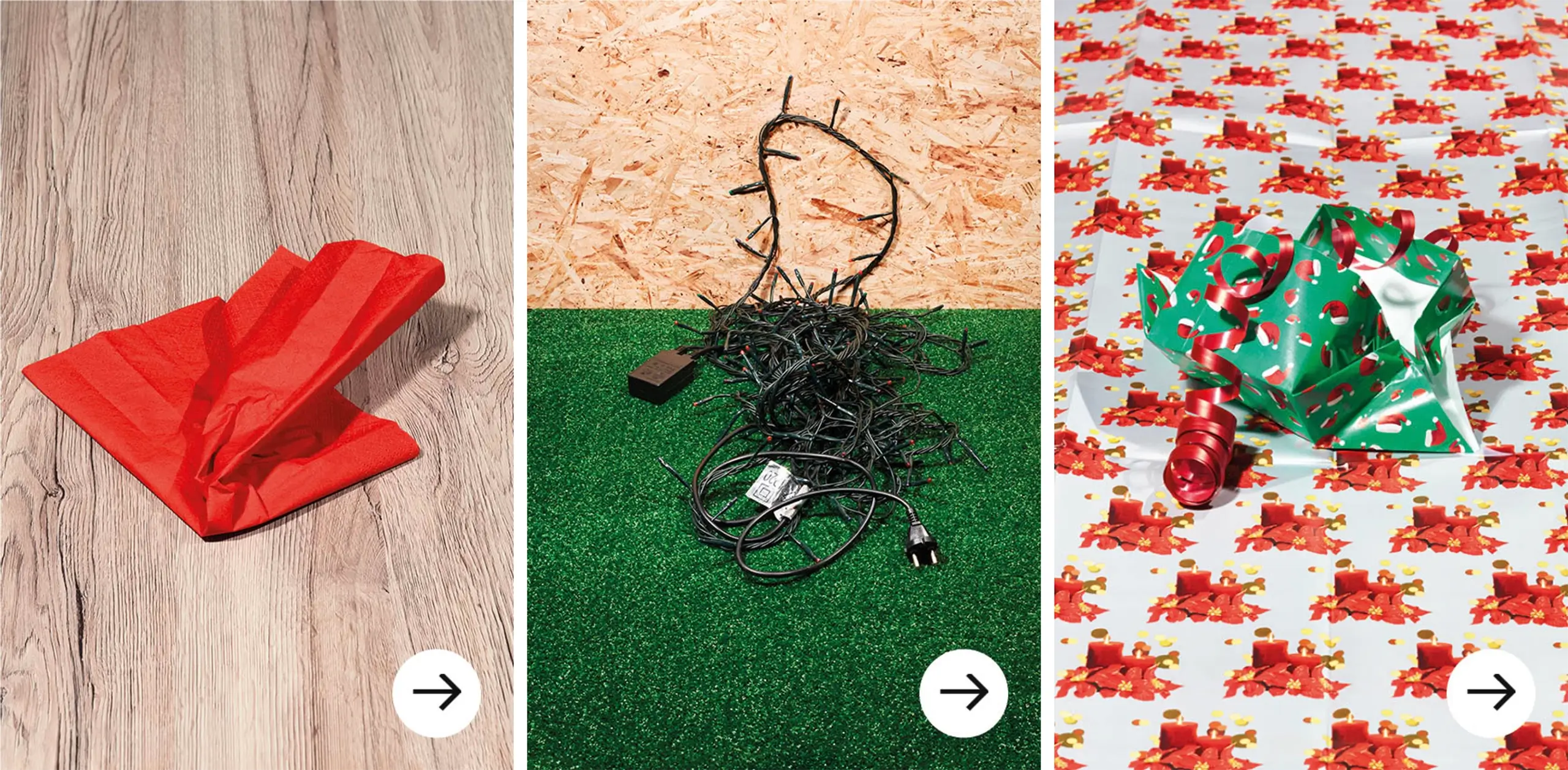 Tredelt bilde med en serviett, julelys og gavepapir.