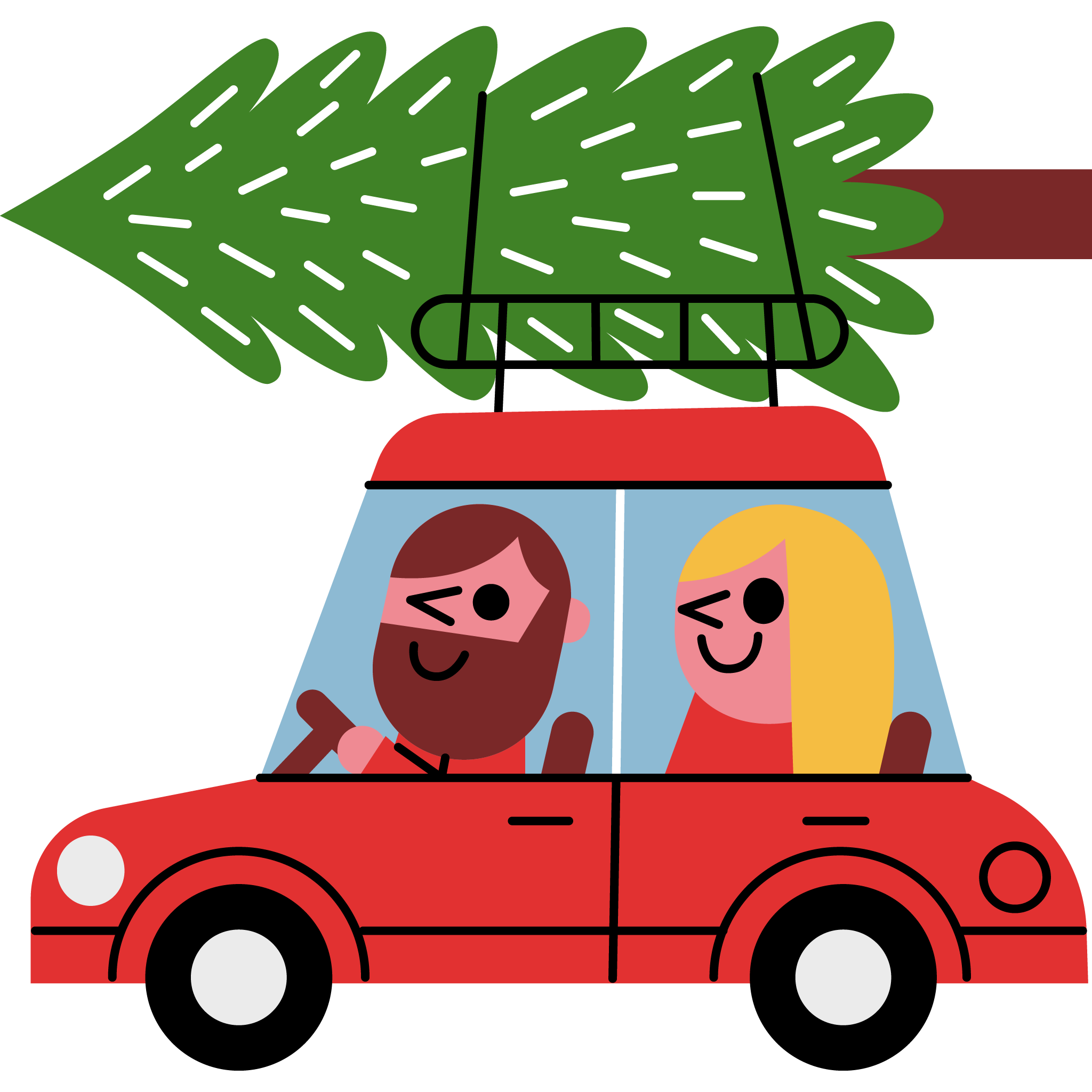 Illustrasjonsbilde med tegning av et par som kjører bil med juletre fastspent på taket