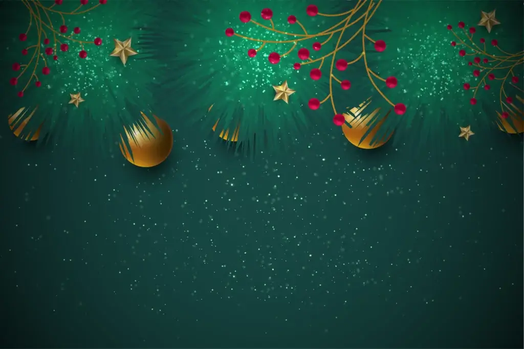Julepyntgrafikk på mørkegrønn bakgrunn.