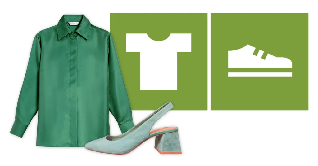 Sorteringsikoner for brukbare sko og klær, plassert bak en grønn skjorte og en lysegrønn damesko.