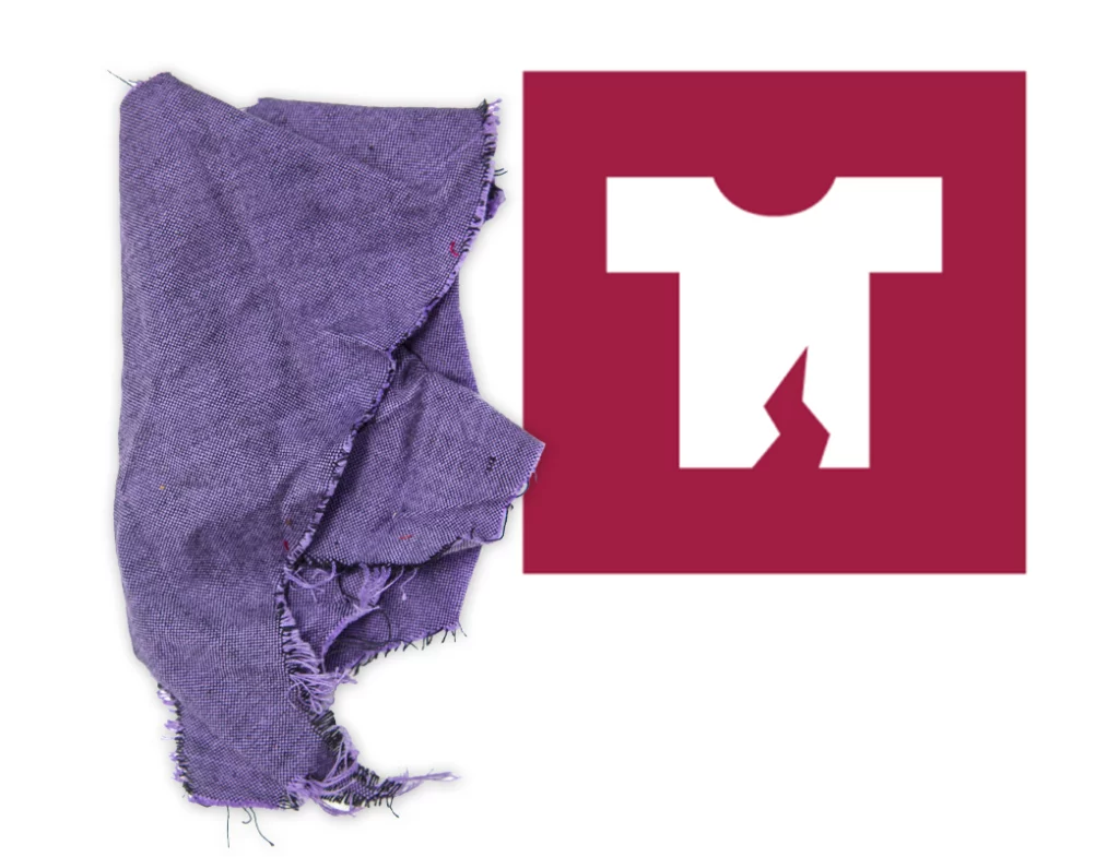 Sorteringsikon for ødelagte tekstiler til gjennvinning. En lilla stoffbit til høyre for ikon viser tilstand for sortering.