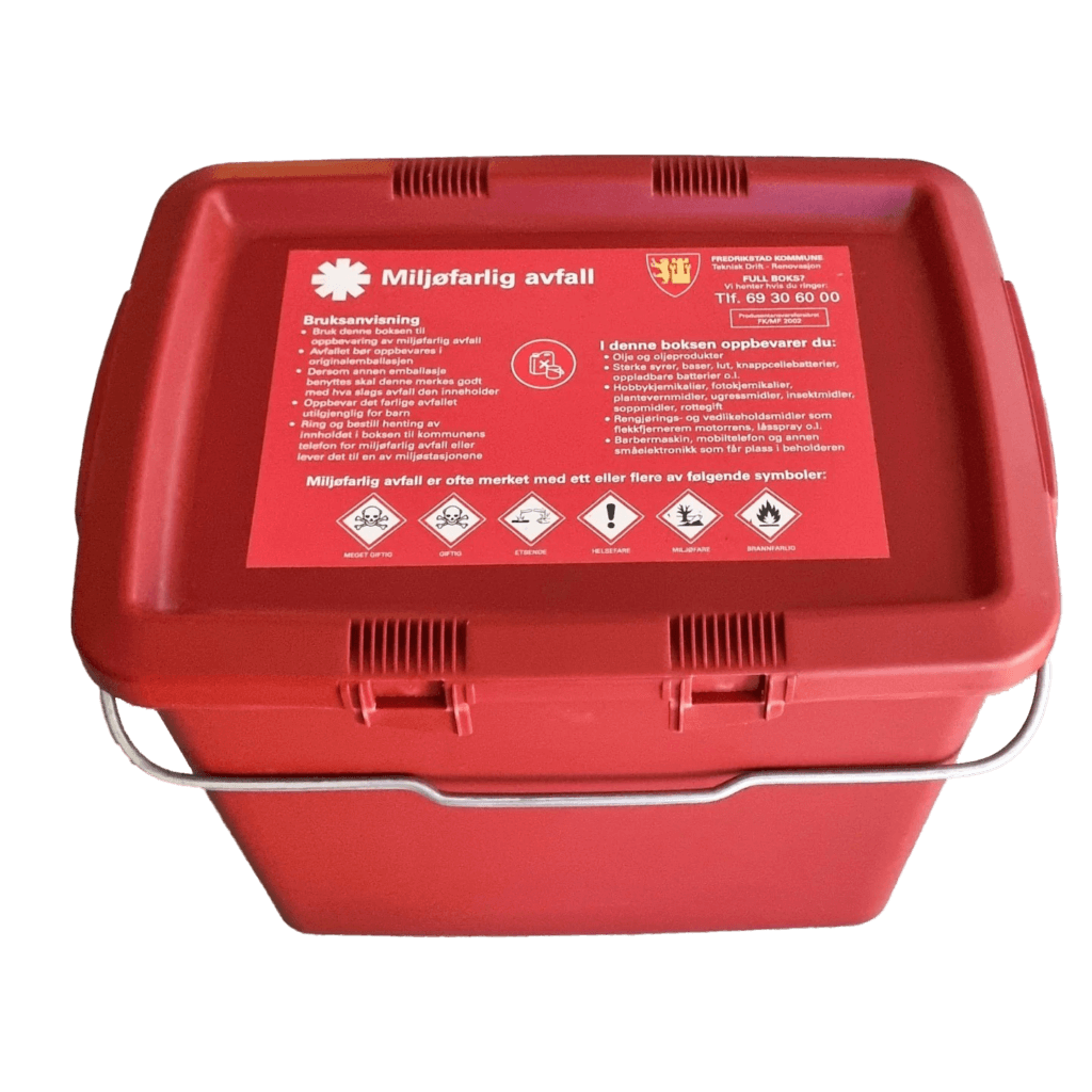 Bilde av Miljøsparer´n, den røde boksen for oppbevaring av miljøfarlig avfall til sortering. Denne kommer fra Fredrikstad