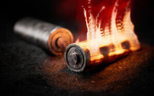 To litiumbatterier på en mørk bakgrunn. Batteriet i forgrunnen brenner.