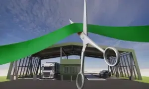 En saks som klipper et grønt bånd foran den nye helautomatiserte vektstasjonen til FREVAR KFs gjenvinningsstasjon.