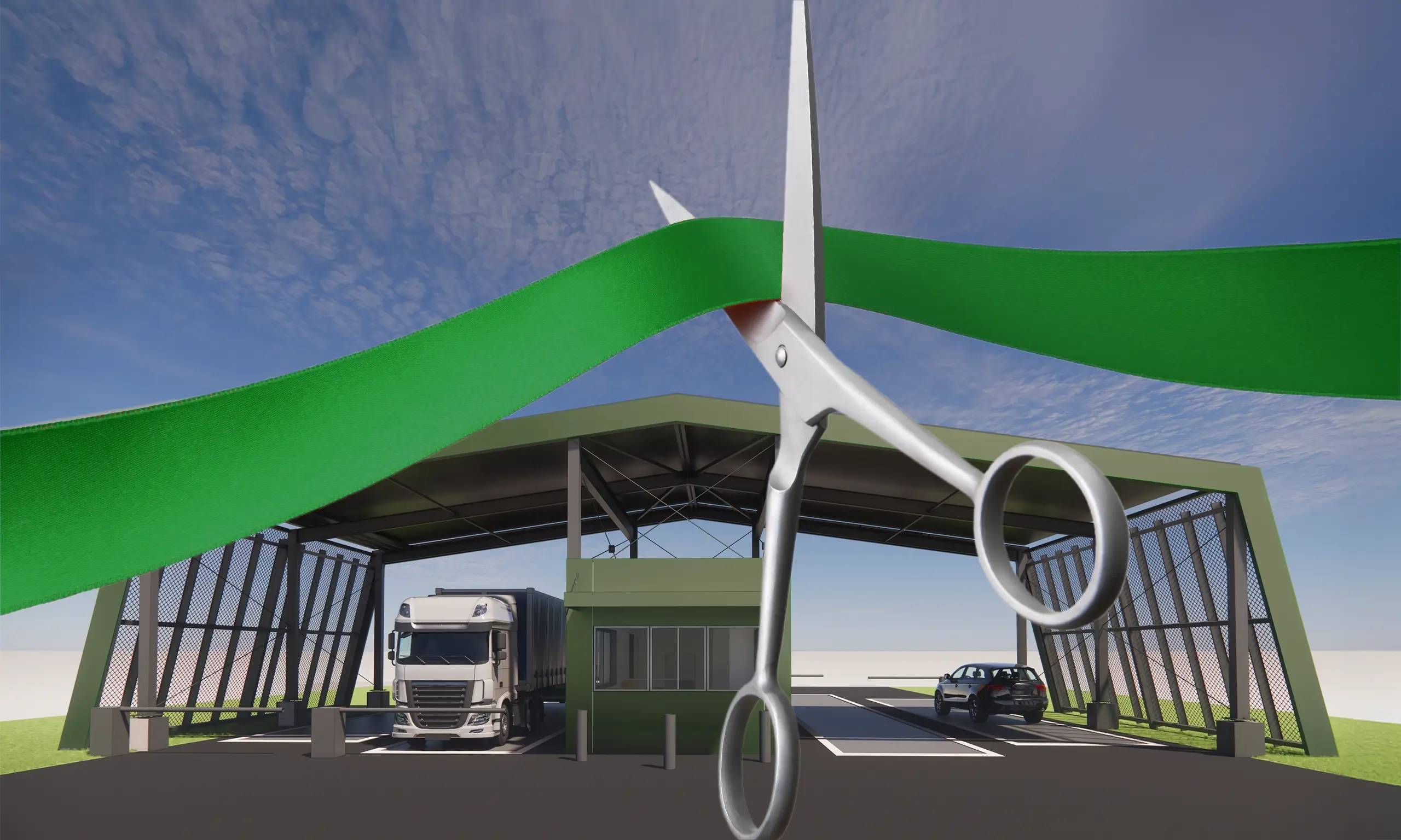 En saks som klipper et grønt bånd foran den nye helautomatiserte vektstasjonen til FREVAR KFs gjenvinningsstasjon.