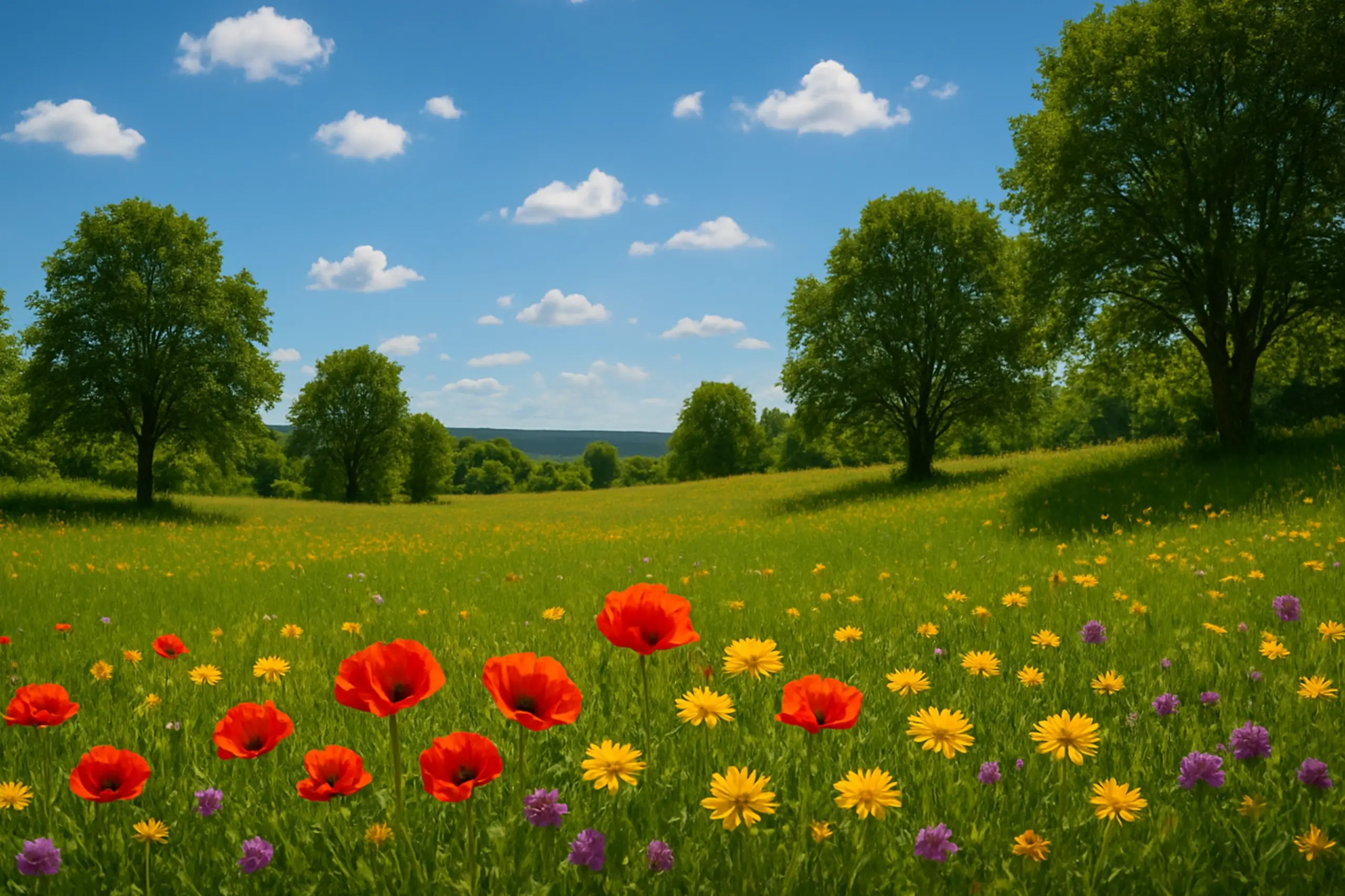 Blå himmel med små skyer, trær og en blosmtereng