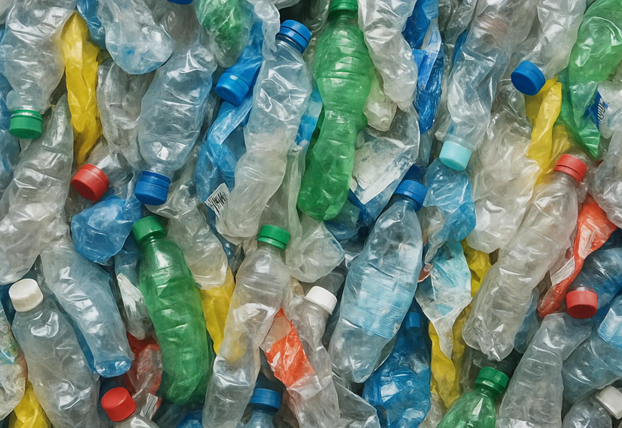 Nærbilde av plastflasker som er blitt klemt flate