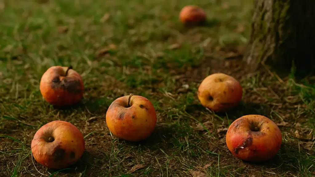 Flere råtne epler ligger på bakken under et tre, typisk nedfallsfrukt