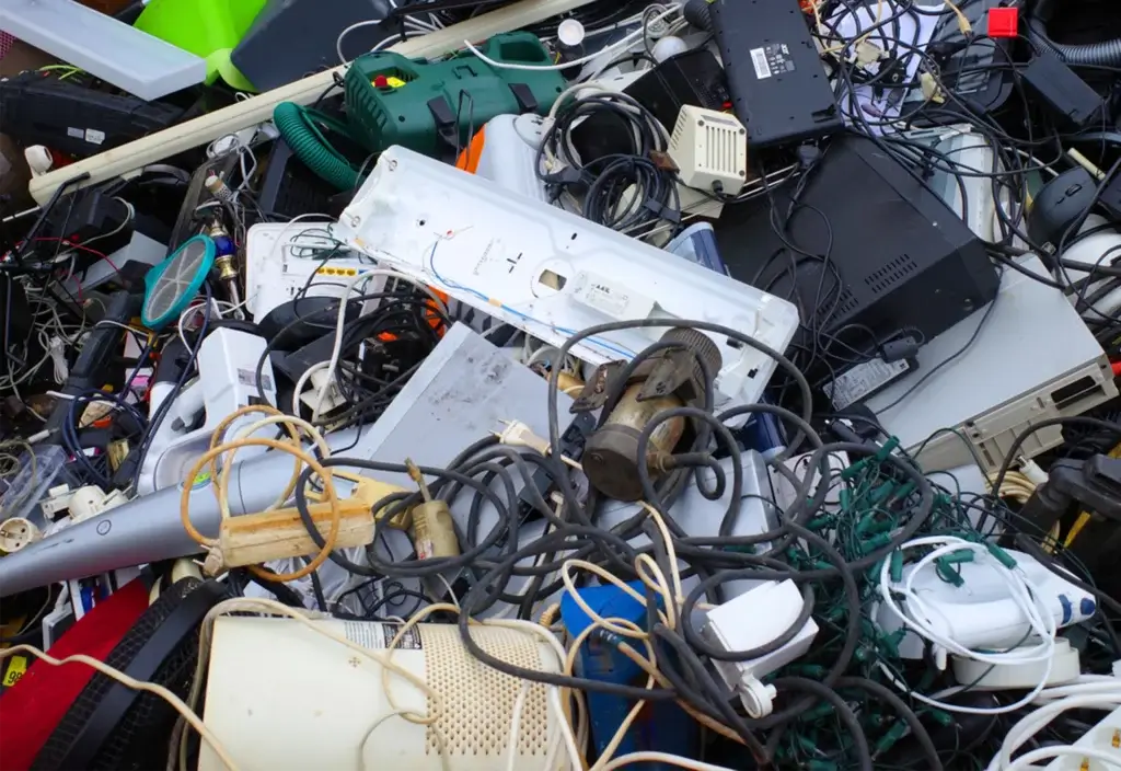 En haug med kasserte elektriske apparater og ledninger, som illustrerer elektronisk avfall.