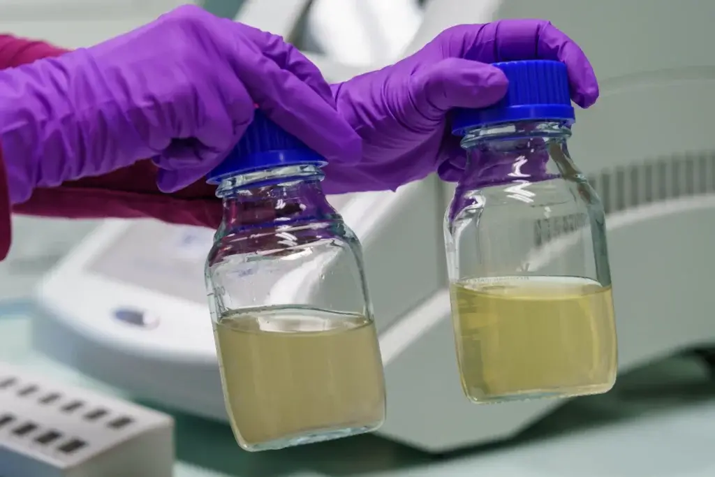 To vannprøver holdes opp av hender ikledd lilla plasthansker.