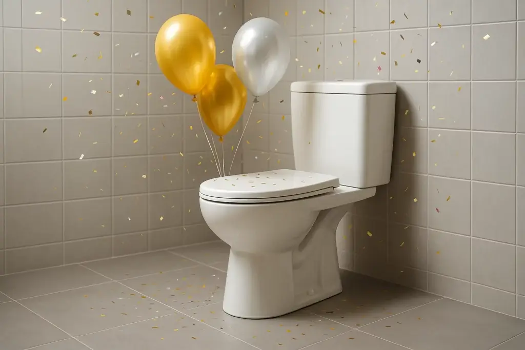 Et toalett med ballonger og konfetti rundt seg.