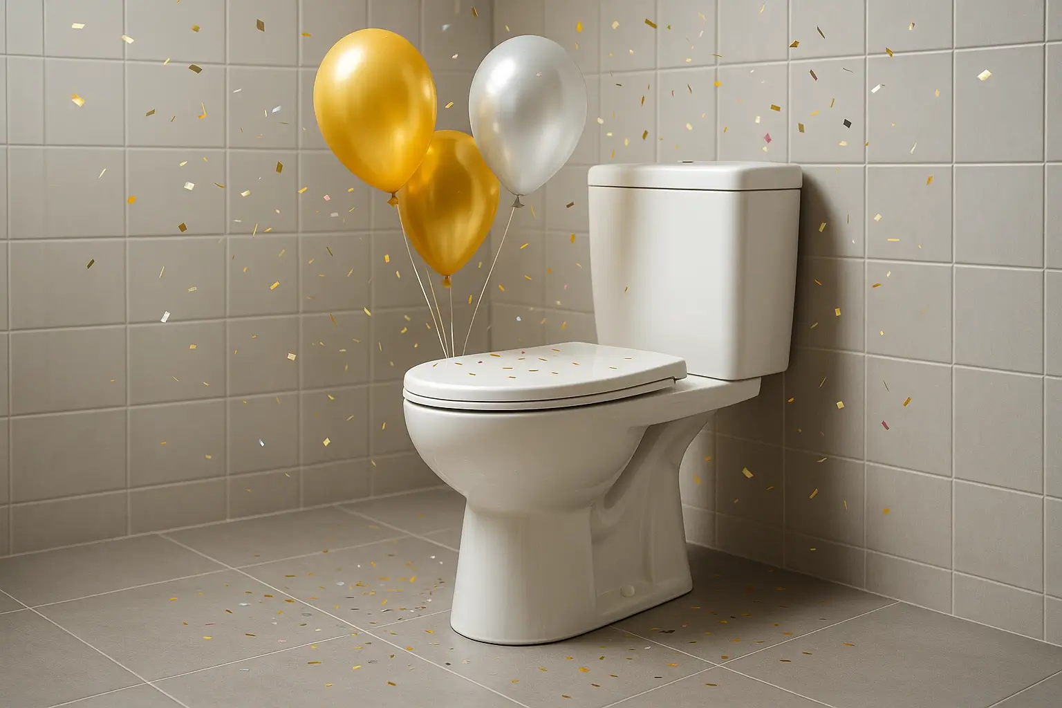Et toalett med ballonger og konfetti rundt seg.